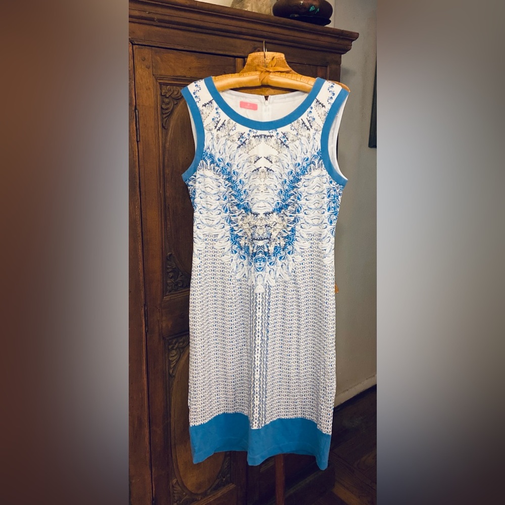 BASLER Blue Paisley Dress. No size label, measures like M.